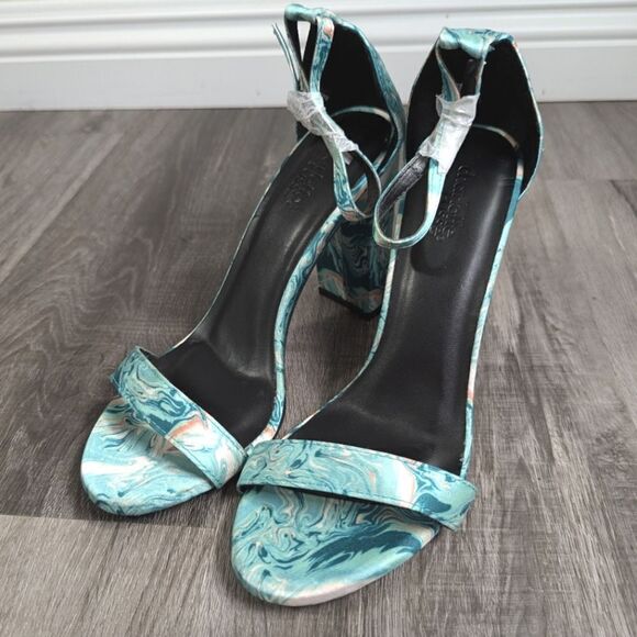 Charlotte Russe Aqua teal swirl satin strappy ankle block sandal heels womens 7 - Picture 4 of 6